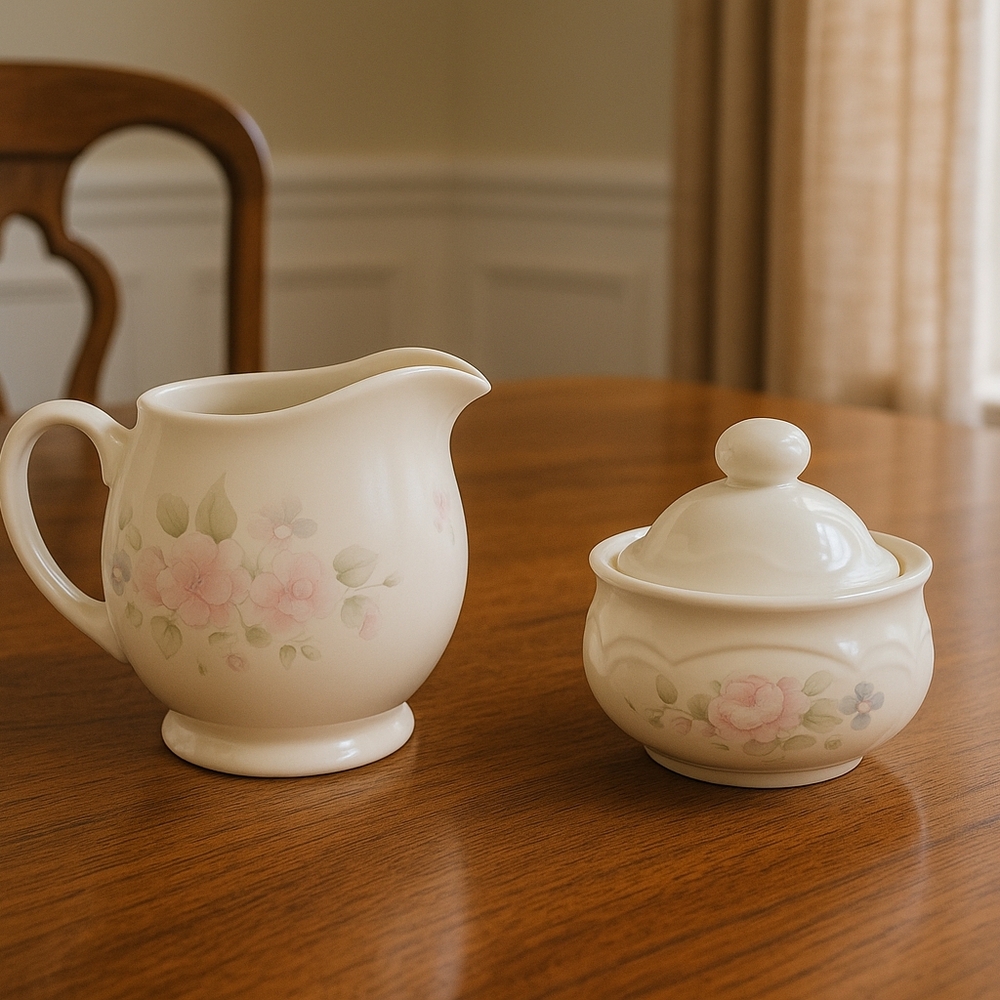 Vintage Pfaltzgraff creamer (pitcher) and sugar bowl with lid.